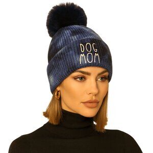 Ombre Dog Mom Tie Dye Soft Knitted Beanie Hat Dark Blue with Faux Fur Pom Pom